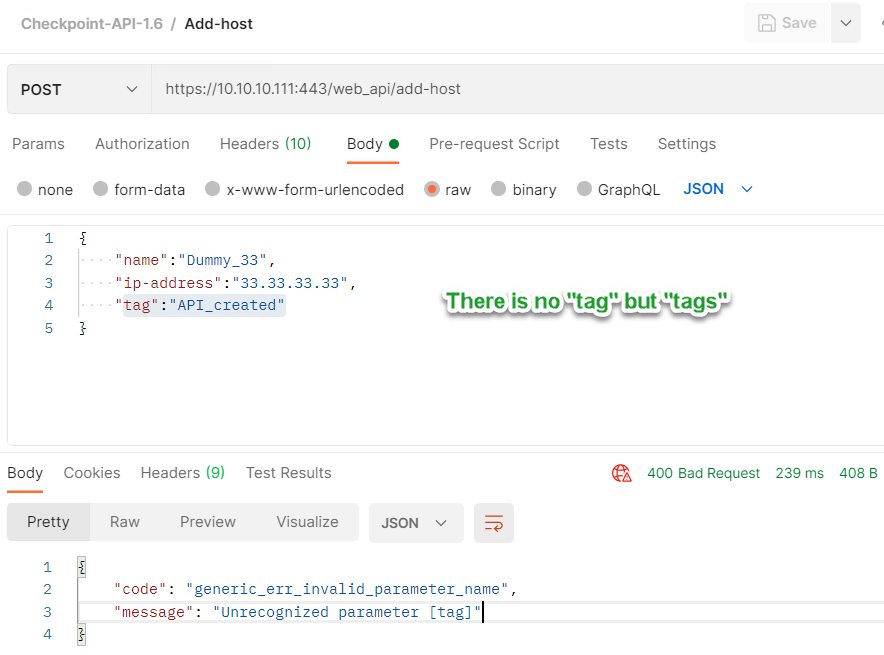 checkpoint api tutorial postman bad parameter name
