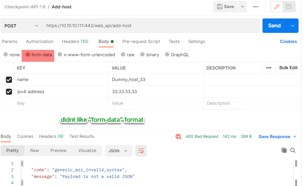 checkpoint api tutorial postman wrong data format