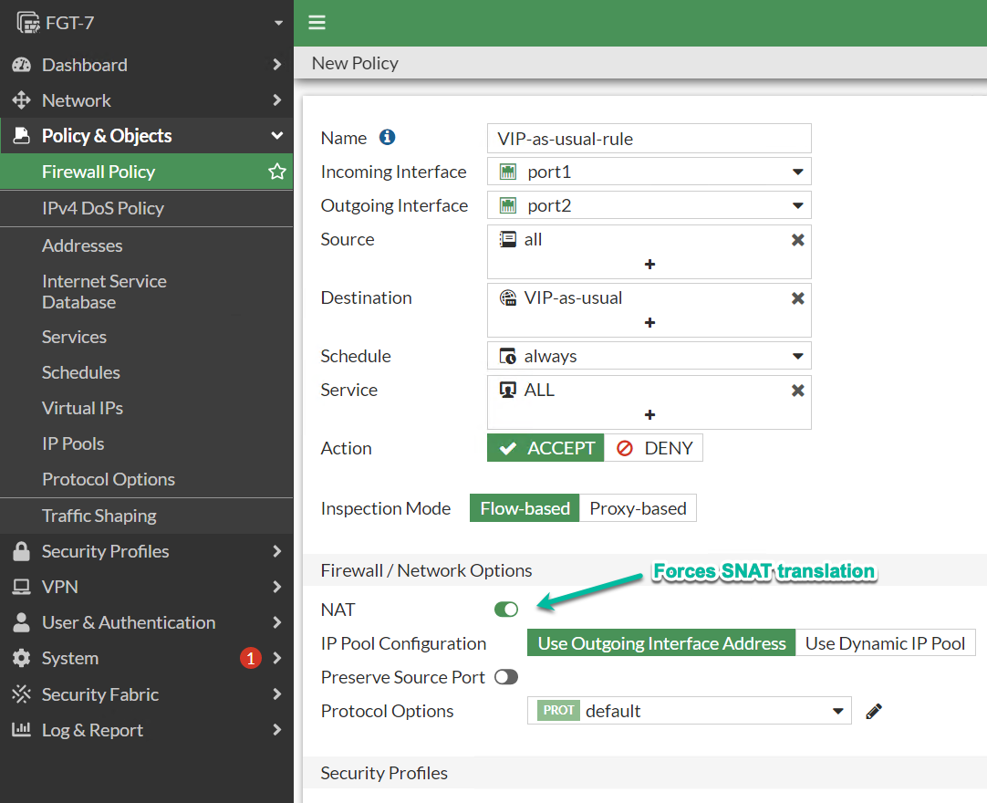 Security rule using the VIP and enabling NAT