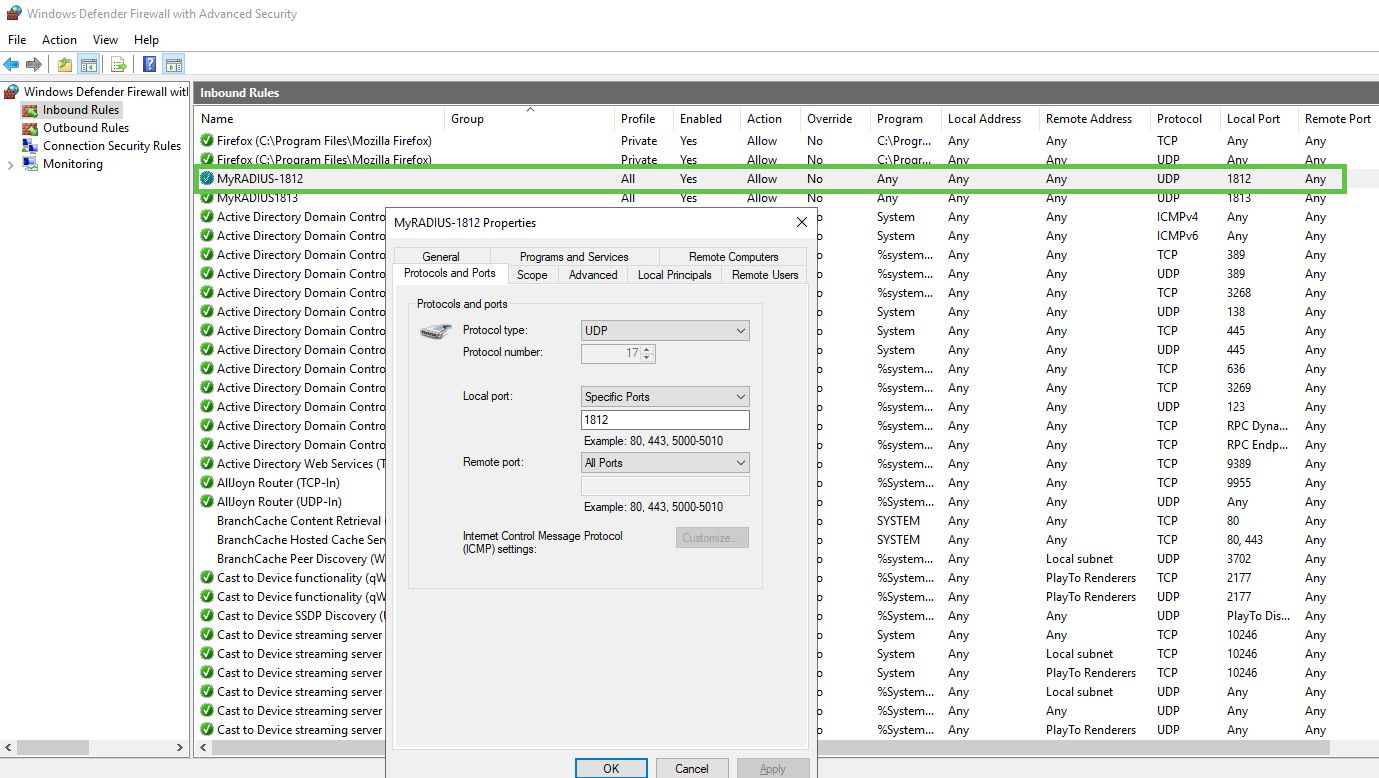 nps custom radius windows firewall rule